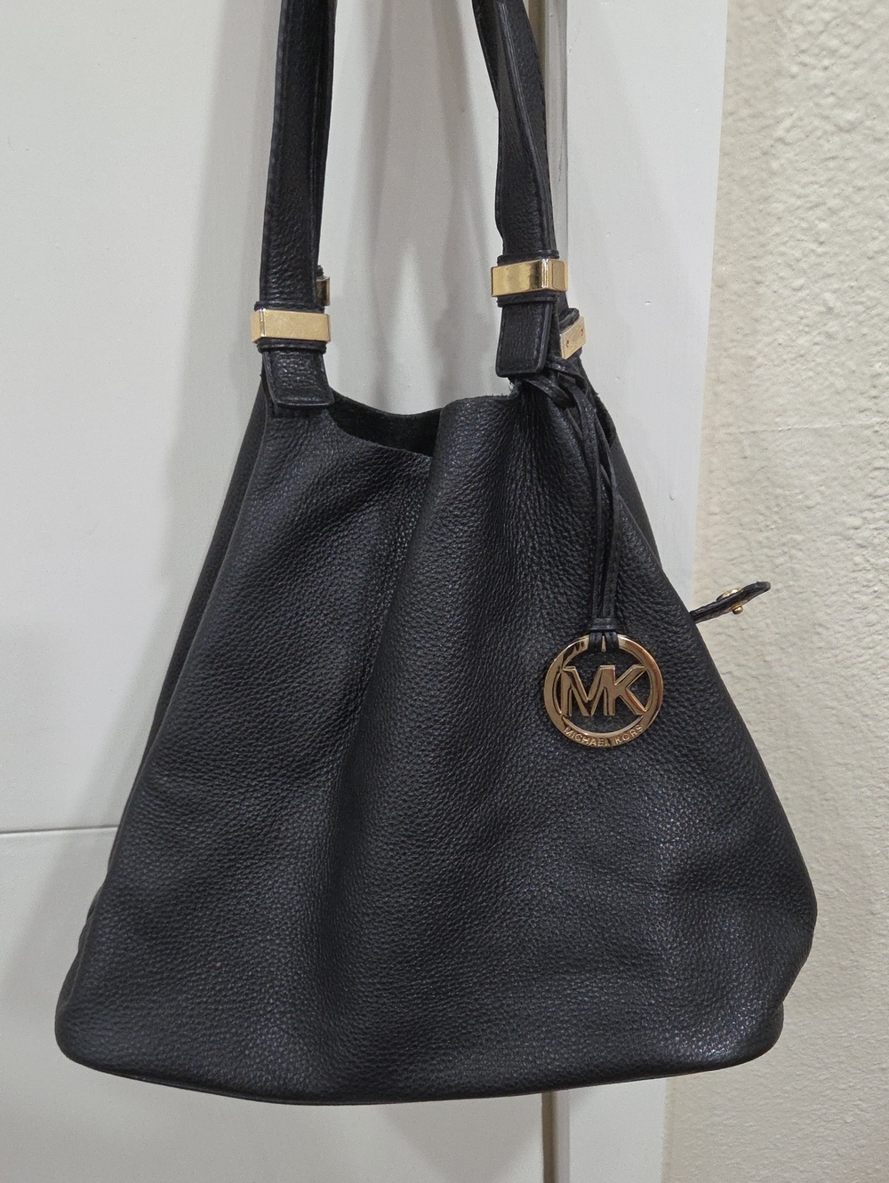 Michael Kors Black Pebbled Leather Hobo Shoulder Bag with Gold Charm